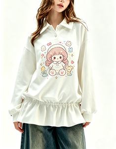 Sudadera de Mujer de Manga Larga con Estampado de Dibujos Animados Kawaii, <span class=keywords><strong>Cuello</strong></span> Tipo <span class=keywords><strong>Polo</strong></span> de Algodón Suave, Cintura Elástica con Volantes y Capucha - Product Image 2