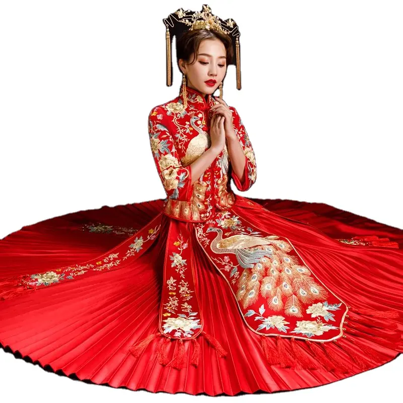 Red Peacock Pleated Xiuhe Dress Oriental Wedding Clothing Bride's Wedding toast dress Traditional Cheongsam For Oversea Chinese