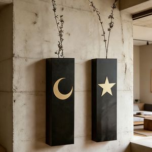 Étagère murale Art Déco moderne en bois noir, motif étoile et lune - Vase mural flottant pour salon, chambre, décoration intérieure Rosa Home RH-D150 - Product Image 6