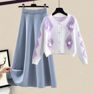 All'ingrosso della fabbrica di grandi dimensioni moda Slim Top Cardigan tinta unita in maglia di colore solido gonna abito due pezzi Set per le donne - Product Image 2