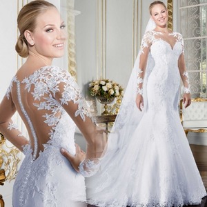 O-neck Long Sleeve Wedding Dress 2025 See Through Illusion Back White Bridal Gowns With Lace Appliques - Product Image 1