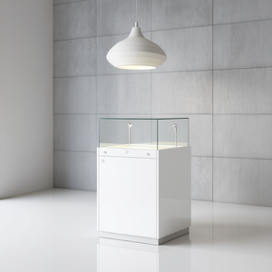 Vitrina moderna de 50x50x110cm en blanco brillante con tapa de cristal y luces LED, unidad de almacenamiento y exhibición - Product Image 3