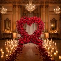 Arche florale en soie en forme de cœur de rose rouge 3D réaliste et luxueuse, faite à la main, pour la décoration de scène de demande en mariage romantique
