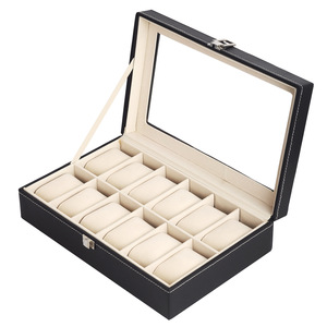 Boîte de Rangement Montres et <span class=keywords><strong>Bijoux</strong></span> en Cuir PU Noir avec Coussins en Velours, 12 Emplacements <span class=keywords><strong>pour</strong></span> Hommes et Femmes - Product Image 2