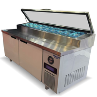 Table de préparation de salades avec congélateur commercial, 10 bacs en acier inoxydable, écran en verre 201, double porte, rangement, cuisine de restaurant, refroidissement par air