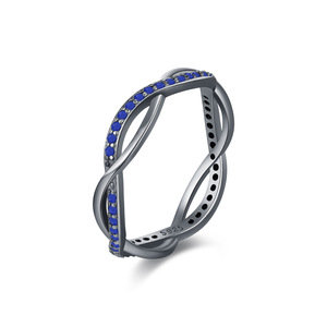 S925 <b>Silver</b> Geometric <b>Eternity</b> Band <b>Ring</b> With Sapphire Pave Setting Rhodium Plated Minimalist Design Unisex Everyday Wear - Product Image 1