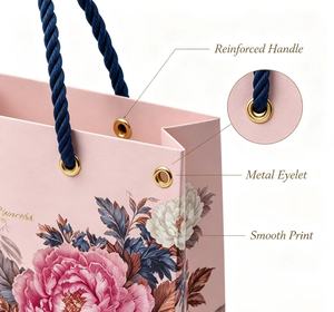 Vintage Printed Floral <b>Bags</b> with Navy Blue Rope Handles Metal Eyelet Thick Paper Hand <b>Bag</b> for Festival Birthday Wedding Gifts - Product Image 2