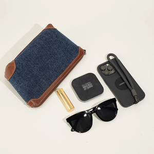 Borsa da viaggio <span class=keywords><strong>blu</strong></span> Navy in pelle di cotone Denim con cerniera con Logo personalizzato alla moda borsa per il trucco da toilette borsa per cosmetici - Product Image 4