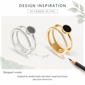 Double Band <b>Ring</b> <b>Stainless</b> <b>Steel</b> 14K Gold Vacuum Plated Zircon double band with black round focal insert and clear zircon row - Product Image 4