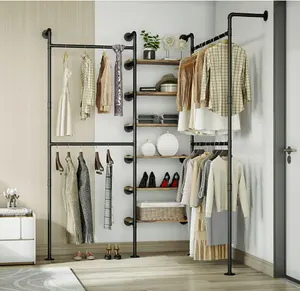 Industrial Pipe Wall Mounted Clothing Rack Multi-Purpose Storage Clothes Hanging Shelf 2 Installation Methods For Bedroom