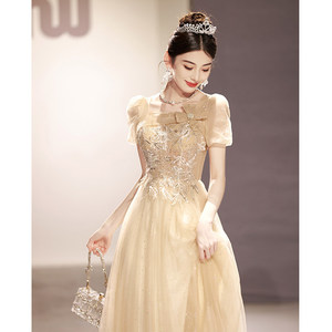 Champagne Evening Gown Women Square Collar Empire Waist A-Line 3D Stereoscopic Patterns Long Dress For Annual Meetings Art Exams - Product Image 3