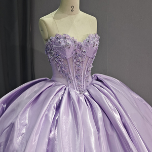 Robe de bal longue en satin lilas, épaules dénudées, taille naturelle, avec appliques en dentelle et cristaux, pour Quinceañera et anniversaire, 1237 - Product Image 5