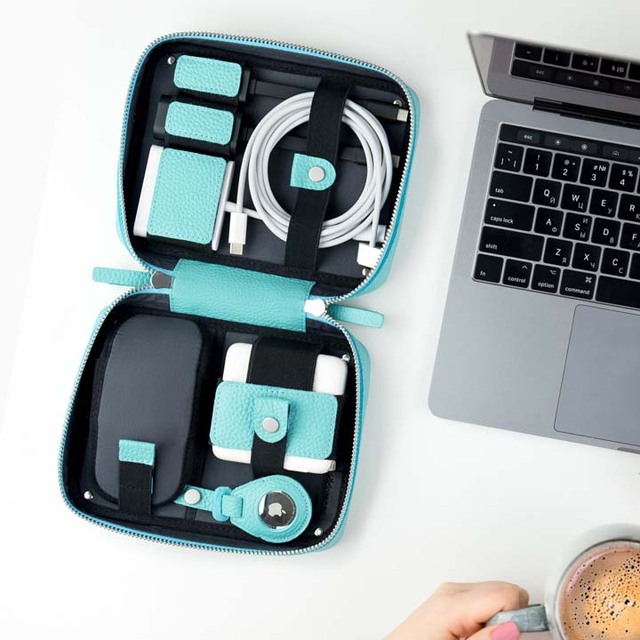 Leather Cable Organizer Travel Tech Cord Roll Charger Case Holder For Men & Women Gift