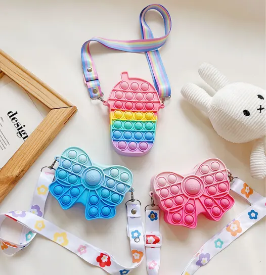 mini rainbow silicone bubble fidget toy back pack purse crossbody bag 2022 bow knot bubble purse for kids girls children