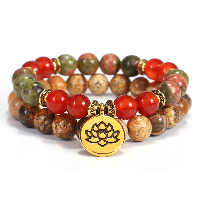 Alta qualità naturale Unakite immagine pietra che fa perline fatti a mano Yoga braccialetti elastici con ciondoli Set con gioielli da uomo ciondolo loto