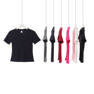 T-<span class=keywords><strong>shirt</strong></span> <span class=keywords><strong>basique</strong></span> d'été pour <span class=keywords><strong>femme</strong></span> RUICHI, col en V, en fil de spandex, manches courtes, couleur unie, coupe ajustée - Product Image 2