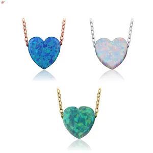 Stylish S925 necklace with heart charms synthetic fire opal 92 colors gems 10mm heart pendant gold plated chain