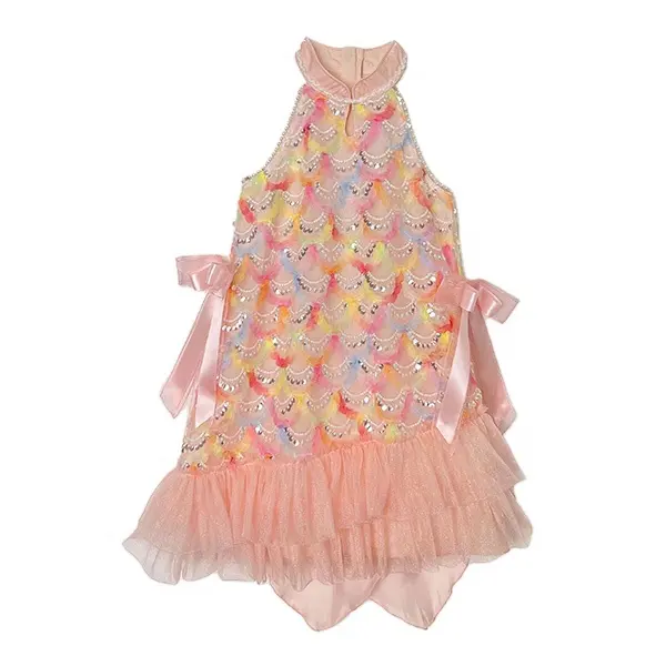 أحدث فستان الأميرة الجميل بدون أكمام صيف 2024 بسعر الجملة للفتيات الصغيرات تصميم أنيق مطرز بالخرز مع أكتاف