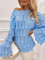 Pull tricoté vintage pour femme, style bohème, motif plumes et feuilles, style western, ajouré, manches évasées, automne hiver, vente en gros