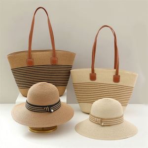 Wholesale Unisex Natural Grass Bucket <b>Hat</b> and Large Capacity Tote Shoulder <b>Bag</b> Set Checked Travel Casual Ski - Product Image 1