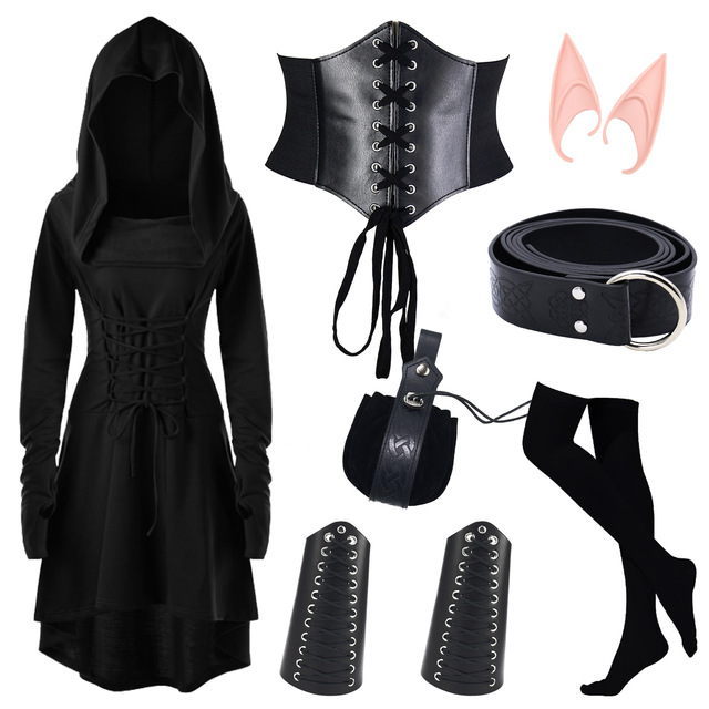 Black Echo Medieval Corset Faux Leather Vest Accessory Set Halloween Cosplay Costume LARP Renaissance Faire Outfit Wrist Guards