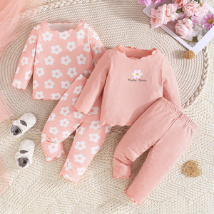 Ensemble pantalon et haut à manches longues pour bébés filles, printemps automne, ensemble quatre pièces, polyester, imprimé fleuri, confortable et élégant - Product Image 1