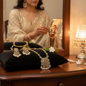 Gold Plated <b>Long</b> <b>Necklace</b> Set with Crystal Stone and Pearls | Fine Jewelry Set for Women & Girls | Elegant Wedding & Party Wear - Product Image 3