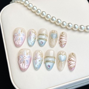 <span class=keywords><strong>Ongles</strong></span> à motifs d'amandes faits à la main, <span class=keywords><strong>ongles</strong></span> colorés en forme de haricots avec colle, paillettes en relief tridimensionnelles pour les doigts - Product Image 4