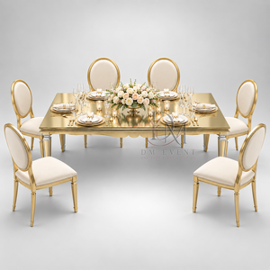 Mesa de Comedor de Acero Inoxidable Dorado Premium con Cristal Espejado, Patas Cónicas con Detalle de Celosía para Suministro de Banquetes de Boda - Product Image 2
