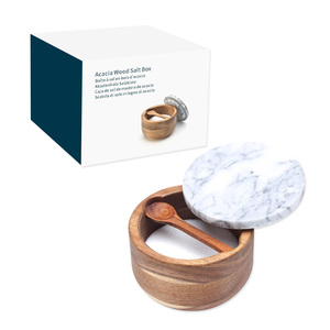 Salero de Madera de Acacia, Contenedor de Sal Marina, Sellador de Pimienta, Recipiente para Especias, Azúcar y Condimentos con Tapa de Mármol y Cuchara - Product Image 1