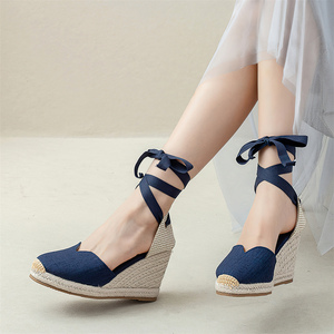 New Arrival Womens <strong>Navy</strong> Linen <strong>Wedge</strong> <strong>Espadrilles</strong> Closed Toe Lace Up Ankle Wrap Woven Straw V Cut Sandals Casual Summer Footwear - Product Image 3
