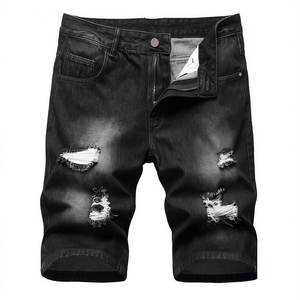 Pantalones Cortos Vaqueros de Mezclilla para Hombre, Talla Grande, Casuales, Negros, de Punto, Forrados, Ligeros, Transpirables, Rotos, 50% Algodón, 50% Poliéster - Product Image 1