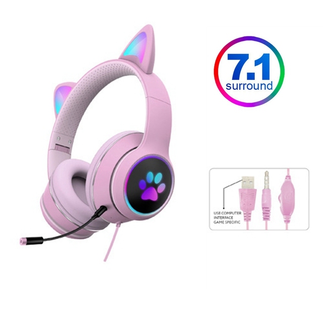 Cat Ear Gamer Headset Girl Cute Headset Double Noise-Cancelling Headphone With Microphone RGB Light Virtual 7.1 Auriculares Gift