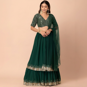 Dark Green <b>Sequin</b> Georgette Chiffon Crop <b>Top</b> A-Line Floor Length Evening Dress Banquet Wedding <b>Party</b> Outfit - Product Image 1