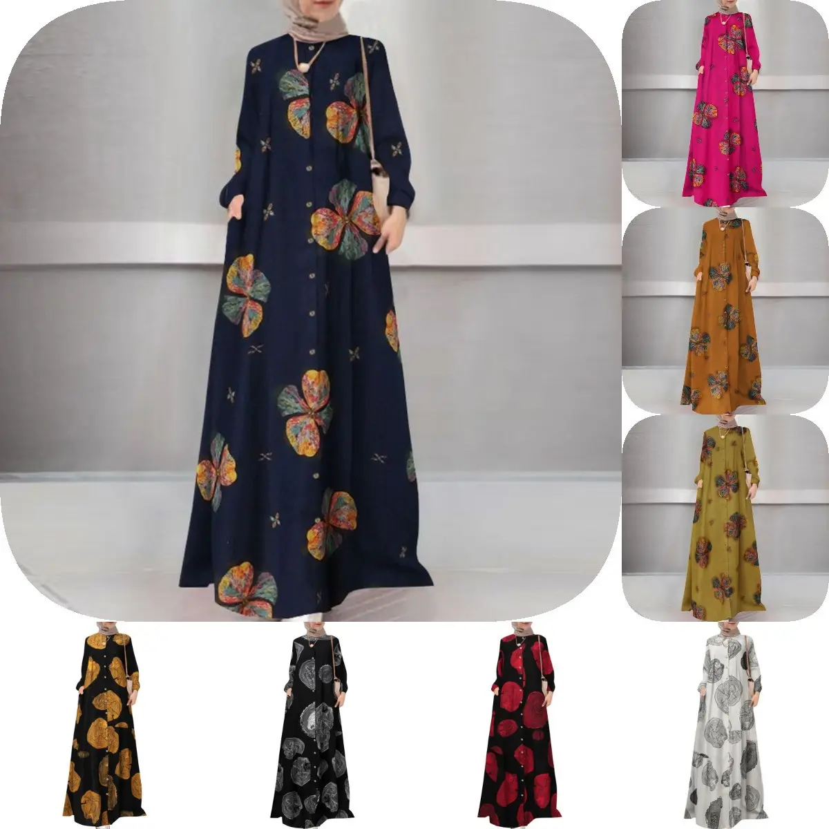 Wholesale logo robe foreign trade women's cotton and linen printed shirt robe long dress round neck retro