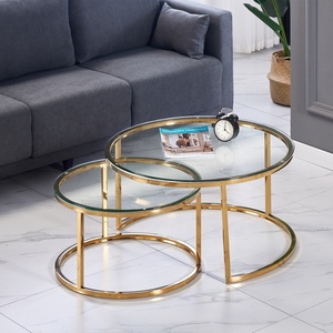 Table basse ronde moderne en acier inoxydable doré avec plateau en verre, meuble de salon, canapé de luxe, table à thé - Product Image 1