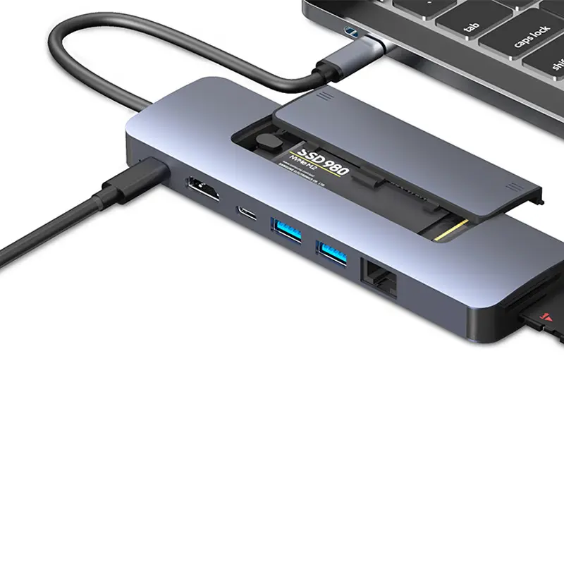 Hub de expansión gris 9 en 1 tipo C, caja de disco duro móvil con protocolo Dual M.2, concentrador Usb c, convertidor HDMI, adaptador Usb C para ordenador portátil