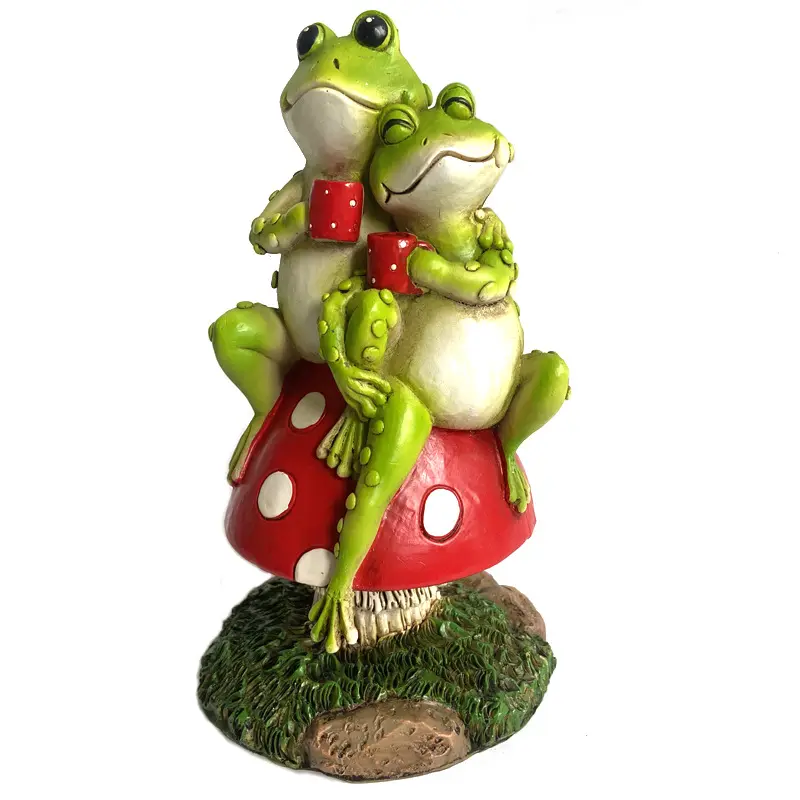 Frosch-förmige Gartenstatuen Outdoor-Deko Harz Paar Frösche sitzen auf Pilz-Statue Mode Harz-Handwerk