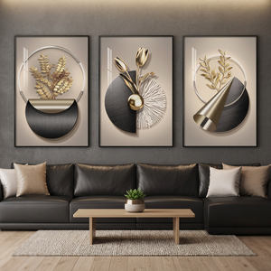 <b>Large</b> Wood <b>Framed</b> Metal Modern Elegant Portrait Wall Art for Living Room 3 Piece <b>Black</b> - Product Image 2