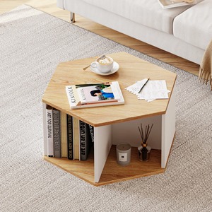 <span class=keywords><strong>Table</strong></span> d'appoint hexagonale multifonctionnelle en panneaux de particules, avec compartiments ouverts et plateau effet chêne, vente en gros - Product Image 2