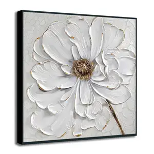 オリジナルアート100% 手作りモダンゴールドテクスチャキャンバスアート抽象的な白い花の絵画と木製フレームの壁アート