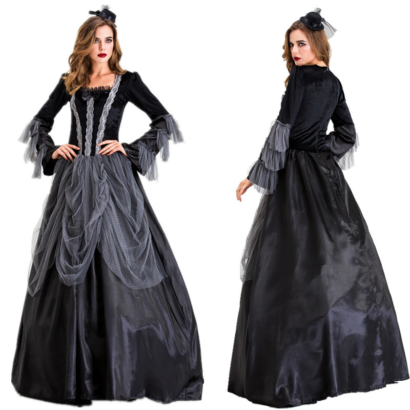 Vestido renacentista para mujer, vestido medieval con mangas trompeta, disfraz de satén, cintura alta, cosplay, carnaval, fiesta, Halloween, color blanco/negro