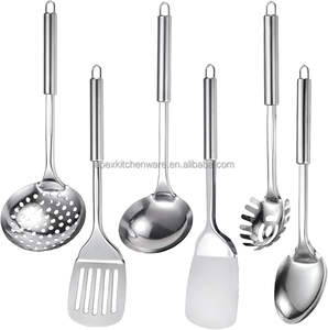 Ensemble d'ustensiles de cuisine en acier inoxydable résistant à la chaleur comprenant une spatule, une cuillère de service, une louche, une écumoire et un serveur de pâtes - Product Image 1