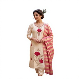 Cream Cotton AnkleLength <b>Kurta</b> Set With Red Floral Embroidery And Striped Dupatta <b>Women</b> Traditional Ethnic - Product Image 1