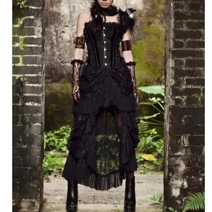 Gothic Steampunk Long Skirts Female Vintage Ruffles Maxi Skirt Solid Shows Dance Performance Costume (No Corset Top)