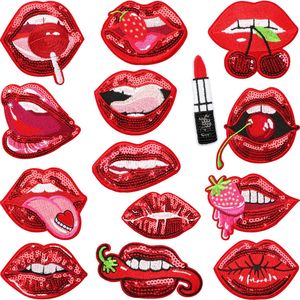 Parches Bordados con Lentejuelas Mini de la Serie Labios Rojos Sexys con Diseños Mixtos de Sarga, Cereza y Fresa, Termoadhesivos para Sombreros y Ropa - Product Image 1