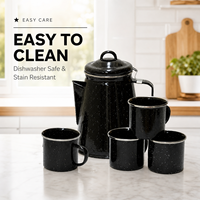 Cafetière en émail noir avec logo personnalisé et tasses, ensemble bouilloire à thé vintage pour le camping, vente en gros, cadeaux à marque privée, packs de vente au détail