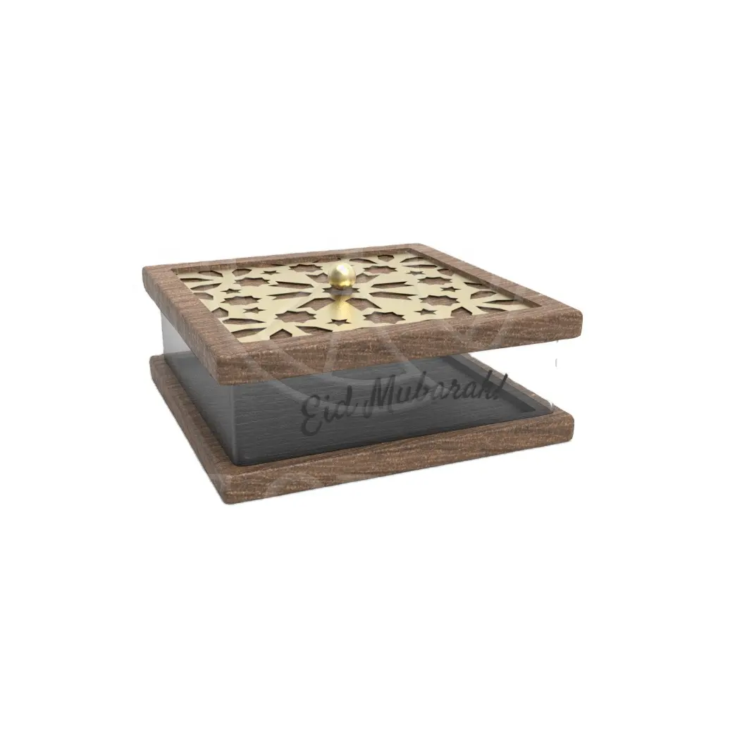 صندوق مربع شفاف من الأكريليك والعيد الذهبي مع قاع خشبي وغطاء ونمط قطع ليزر معدني