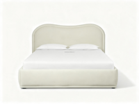 Lit plateforme sculptural rembourré en tissu écologique FERLY avec design incurvé, taille personnalisée disponible, mobilier de chambre moderne