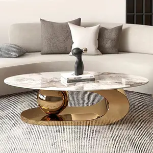 Foshan mobilya Modern lüks altın Couchtisch sinterlenmiş taş oturma odası merkezi Coffes masa seti beyaz mermer Oval sehpa